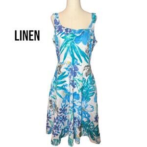 Lauren Ralph Lauren LINEN Blue Floral Sleeveless Fit & Flare Summer Dress 8